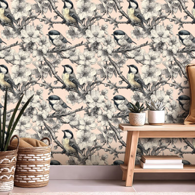 Papier de contact à peler et coller avec motif de branches d'oiseaux botaniques de luxe auto-adhésifs et amovibles 24 po x 118 po (60 x 300 cm)