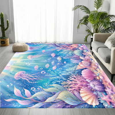Tapis coquillage océan méduse, motif vie marine, tapis antidérapant durable, décoration intérieure vibrante artistique pour salon, chambre à coucher, entrée, cuisine, appartement