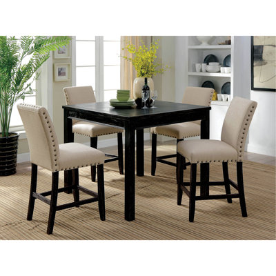 Rustic Style 5Pc Counter Height Dining Table Set 1X Table 4X Chairs Fabric Chairs Bold Distressed Detail Nailhead Trim Antique Black Finish