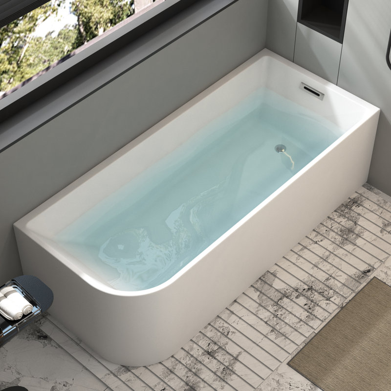 KDK HOME 59” Freestanding Bathtub, Alcove/Back to Wall Acrylic Soaking Tubs with Overflow, Right