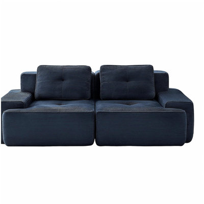 Canapé modulaire en L 82 po pour salon modulaire en tissu velours côtelé de 82 po avec assise profonde, passepoil perlé, conception capitonnée, sans assemblage, conception antidérapante, bleu