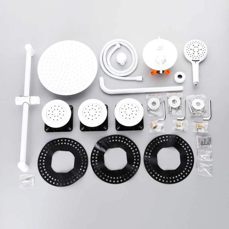 Shower System: White Brass Wall Mount With Head, Hand Shower, Slide Bar, Body Spray Collection System Bar And Bodysprays - Mounted Version Option