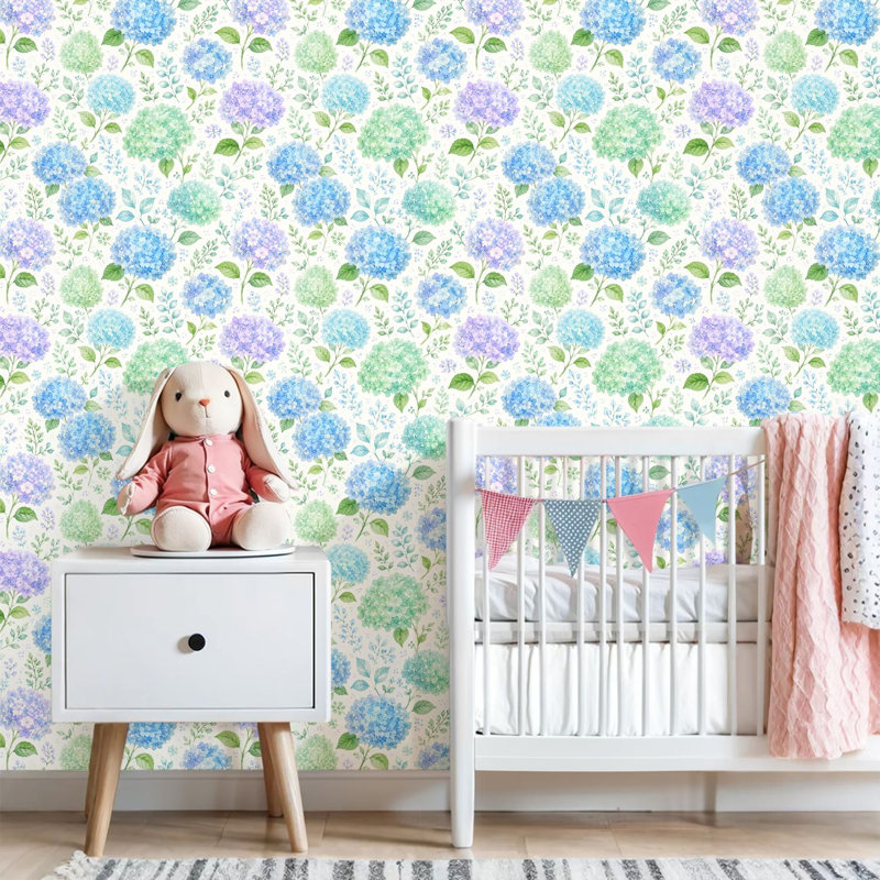 Papier peint auto-adhésif hydrangée bleue à motif floral avec feuilles vertes et aquarelle, L 118,08 po x l 17,7 po