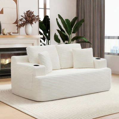 2-Seater Modern Corduroy Loveseat Sofa, Compression Cloud Couch with 2 Pillows & 2 Cup Holders ,No Assembly Couch in a Box for Small Space