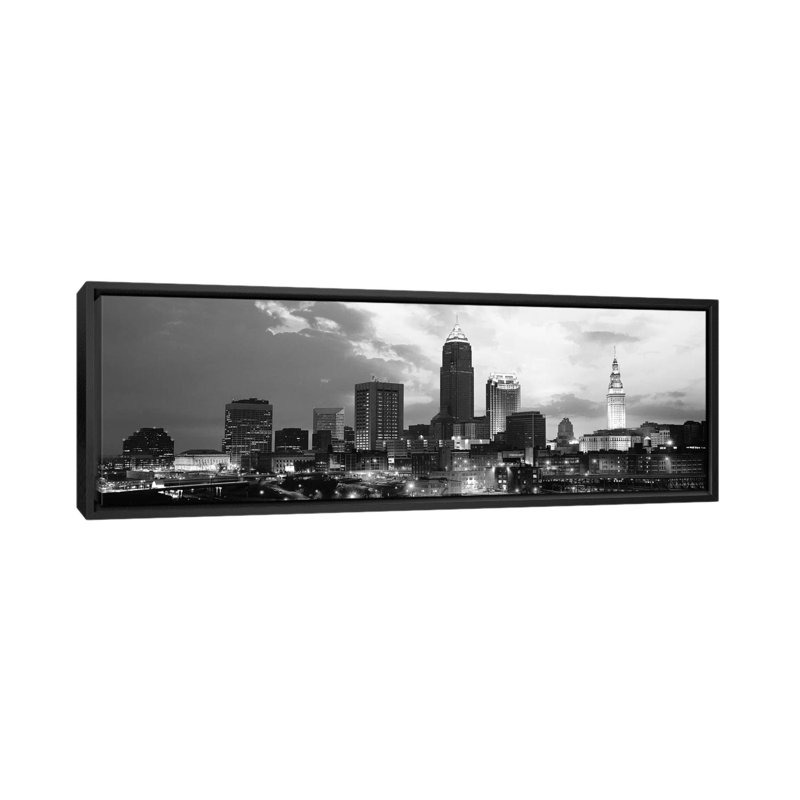 «Cleveland Panoramic Skyline Cityscape», reproduction de photo sur toile en noir et blanc, H 20 po x l 60 po x P 1,5 po