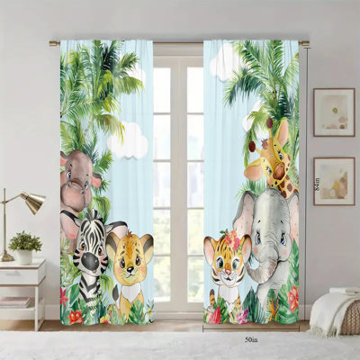2Pcs Safari Animal Curtains Rod Pocket Mount Tropical Jungle Zebra Tiger Lion Giraffe Elephant Pattern Polyester Light Filtering Window Treatment for Living Room Bedroom Nursery Home Decor