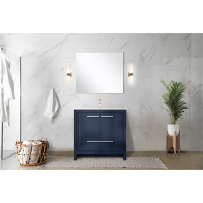 Meuble-lavabo bleu marine 36 po L 20 po x P 20 po, comptoir en quartz blanc, robinet en or rose et miroir de 28 po, résistant aux égratignures et aux taches