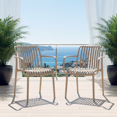 Cozyblock 2 X Outdoor Stackable Dining Chair, All-weather Plastic Patio Chair, Pool Side Chair, Modern Slatted Design For Balcony, Garden, Backyard, Indoor & Outdoor Use (armrest, Beige)