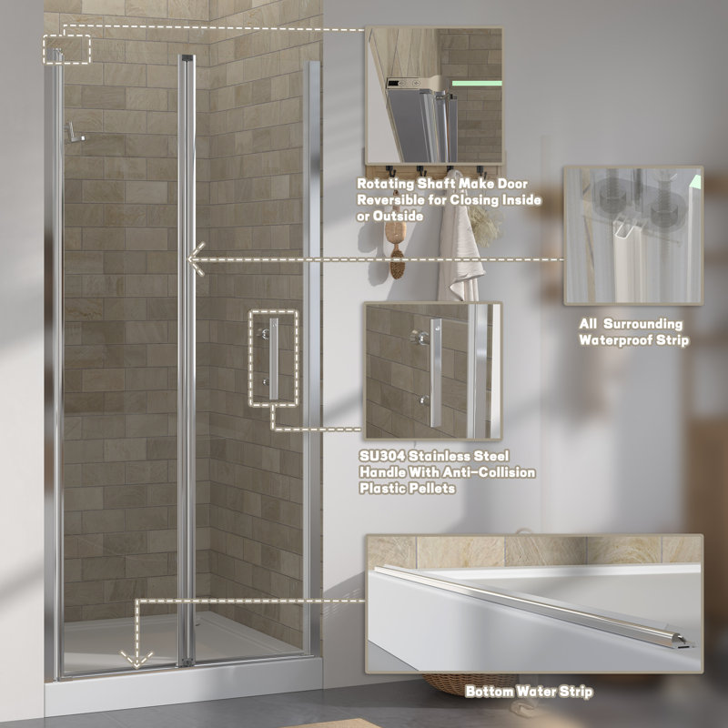 36" W x 72" H Frameless Bi-Fold Glass Shower Door with Tempered Glass and Reversible Installation in Chrome, Chrome, 36"