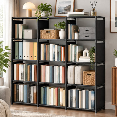 Arrange 12 large open plastic storage cubes in a stackable DIY bookshelf for bedrooms, home offices, or living rooms.