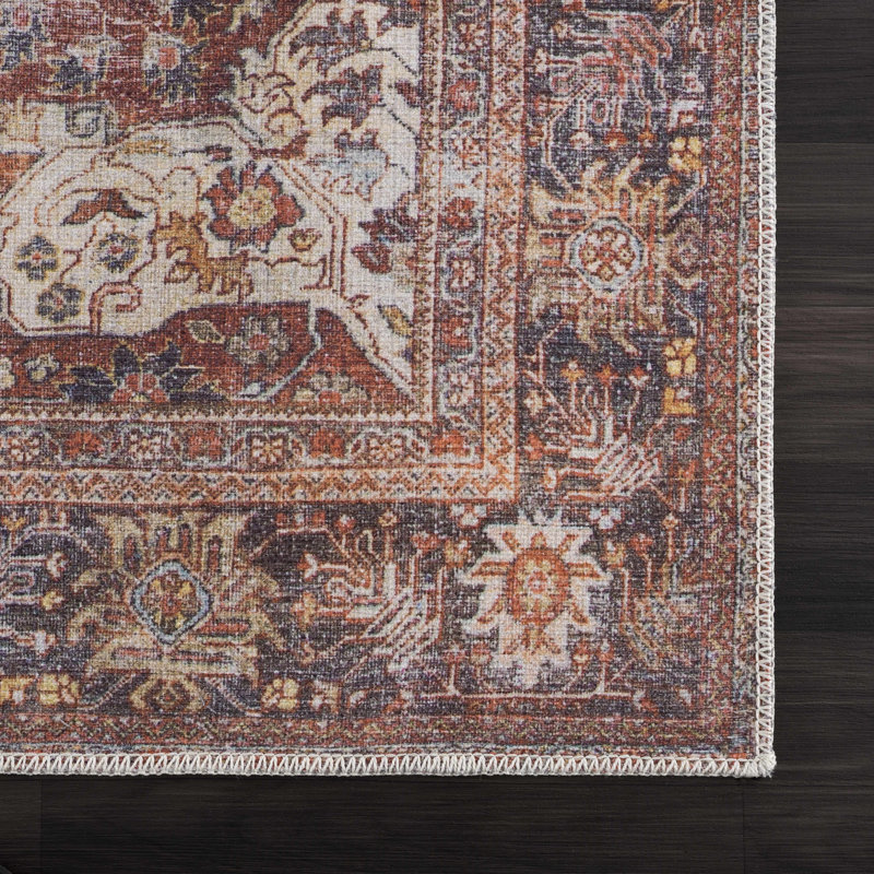 Elki Red and Blue Polyester Oriental Washable Rug 5'3" x 7'3"