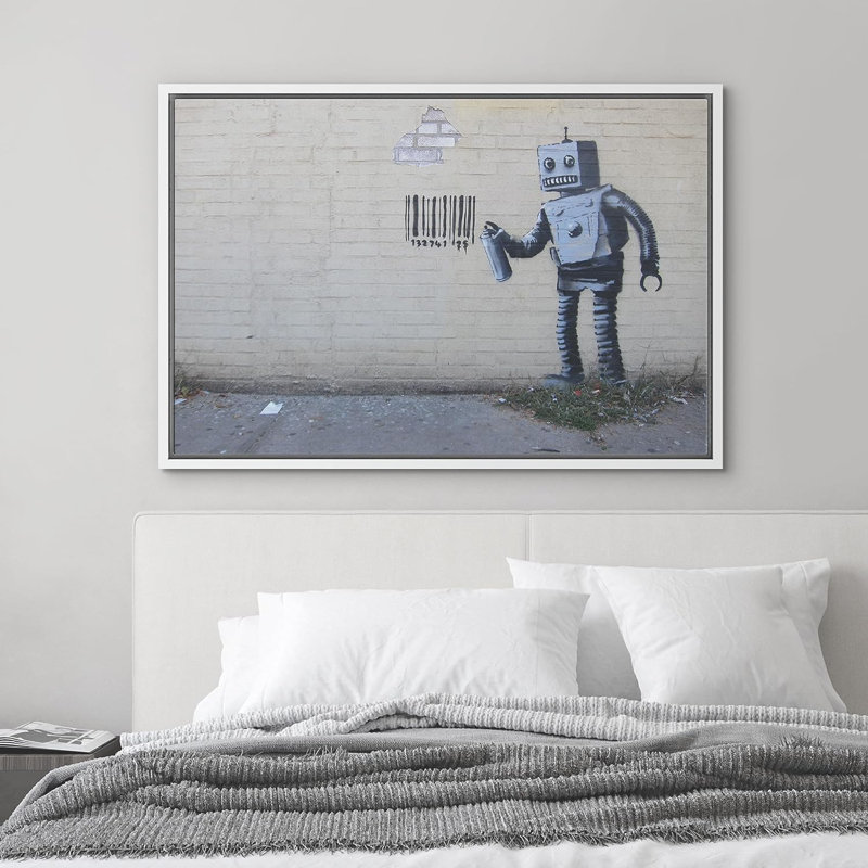 Banksy Robot Spray, peinture à code-barres sur toile, H 24 po x l 36 po x P 1,5 po, Cadre flottant blanc
