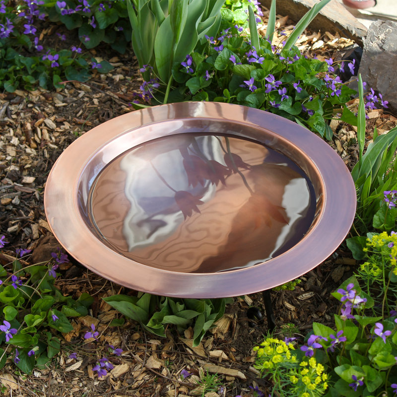 18" Antique Copper Birdbath with Wrought Iron Stand