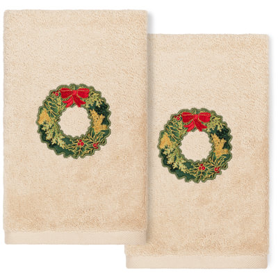 Ensemble 2 serviettes de bain en coton turc avec couronne de Noël Christmas Hand Towels