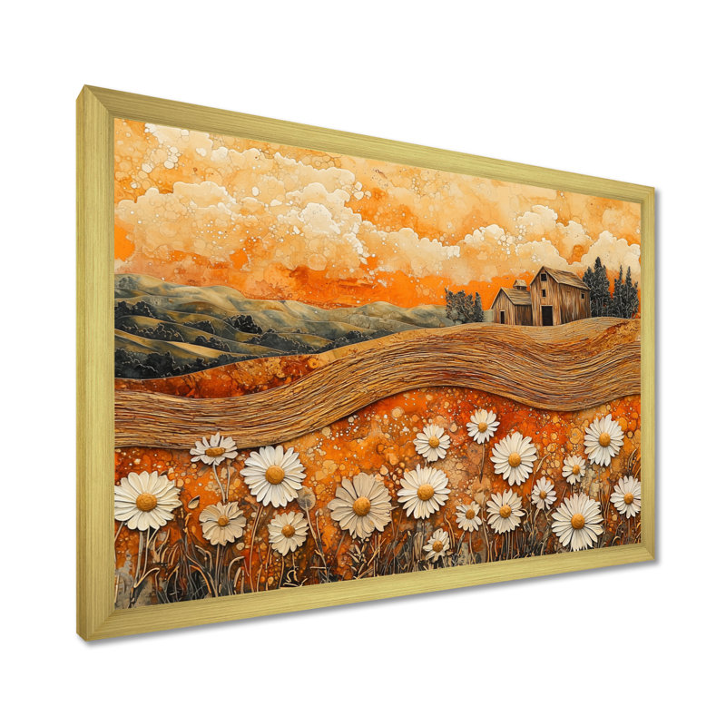 Marguerites fleurs grange audacieux paysage II - marguerites Art mural, H 12 po x l 20 po, Picture Framed, Doré