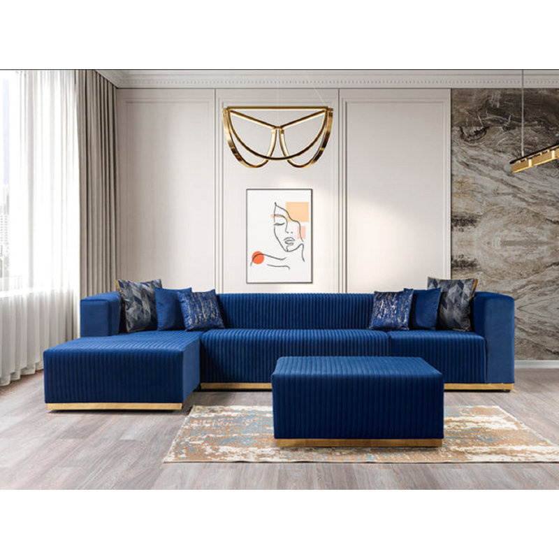 Canapé modulaire en velours 4 pièces Juliana, Velours bleu