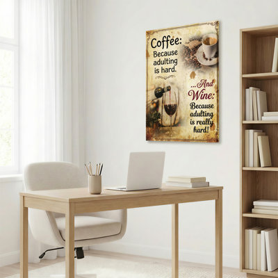 «Coffee and Wine», citation sur toile tendue, impression typographique rétro avec grains de café et verre à vin, décor pour la cuisine, le salon ou le bureau à domicile