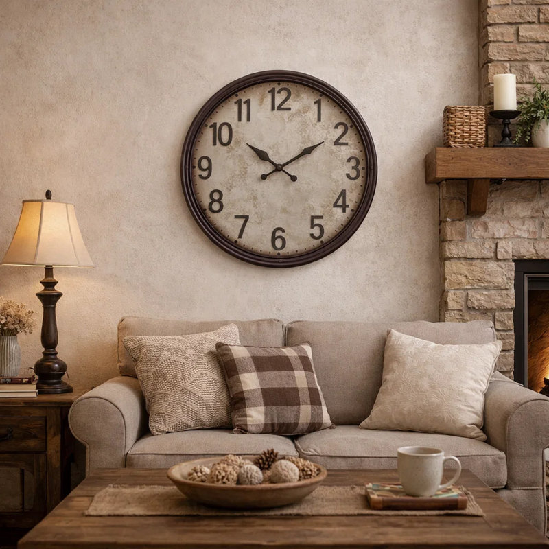 Horloge murale, ronde de 20 pouces en brun antique, fond parchemin