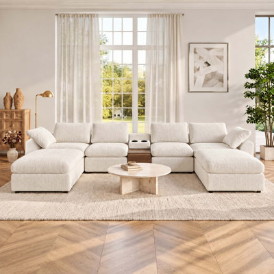 Ensemble de canapé de salon modulaire en U surdimensionné de 155 po avec console de rangement et porte-gobelets, canapé convertible en chenille à 6 sièges profonds avec deux repose-pieds, ensemble de canapé de salon librement configurable
