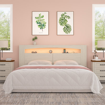 King Headboard, Storage, RGB LED Lighting, USB & AC Charging Station, Recessed Baseboard – Modern Wood Bedroom Furniture
