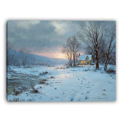 «Snowfield Cottage Sunrise», art mural sur toile tendue
