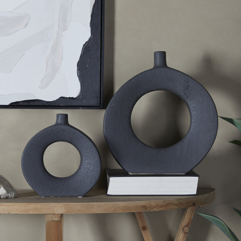 2 Piece Stoneware Table Vase Set, 15.45" H x 14.45" W x 3.15" D, Black