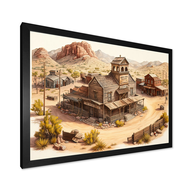 Arizona Wild West Town I - Impression sur toile, H 16 po x l 32 po x P 1 po, Impression noire sur toile encadrée