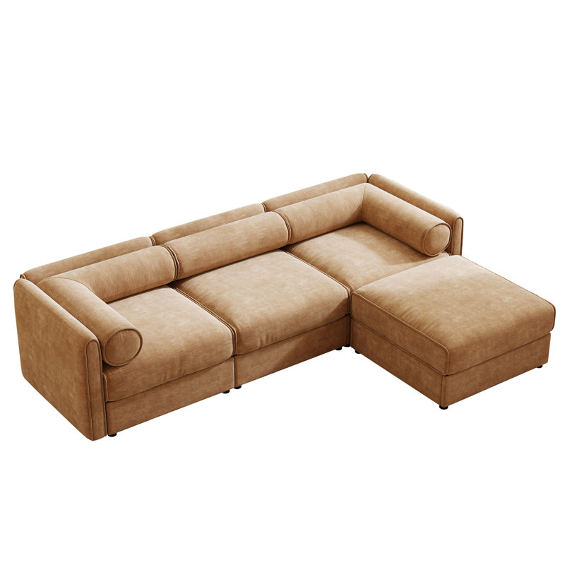 Élégant canapé en chenille avec siège de rangement et repose-pieds, dossier cylindrique en forme de L à 3 places et accoudoirs, canapé contemporain en tissu à 3 places avec compartiment de rangement caché