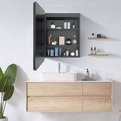 Armoire à pharmacie murale 24 po x 30 po à fixation murale noire avec miroir et fonction antibuée 3 couleurs avec éclairage