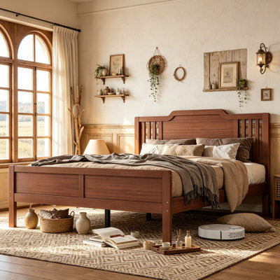 Solid Bamboo Platform Bed with Headboard and Footboard for Bedroom, Classic Low Bed Frame No Box Spring Needed, Full Size, Brown