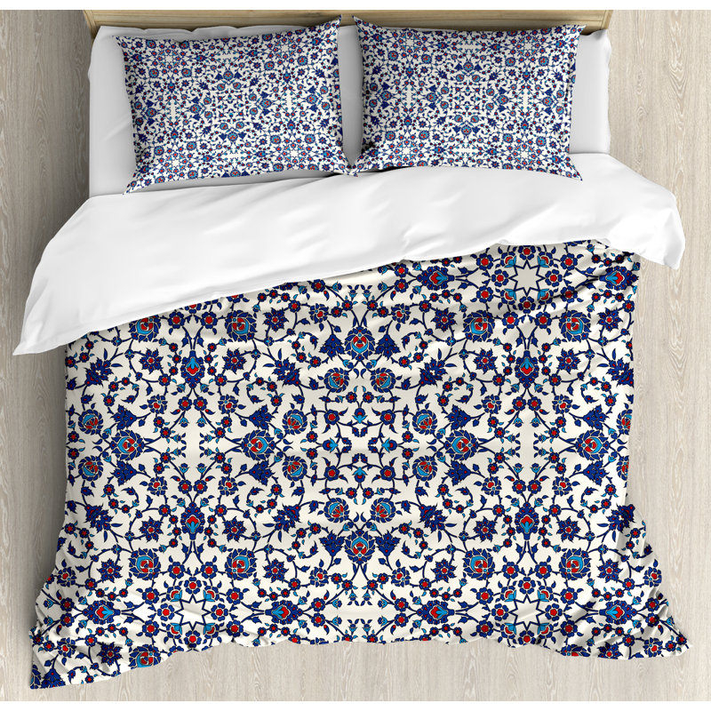 Queen Size Blue and Red Floral Microfiber Duvet Cover Set