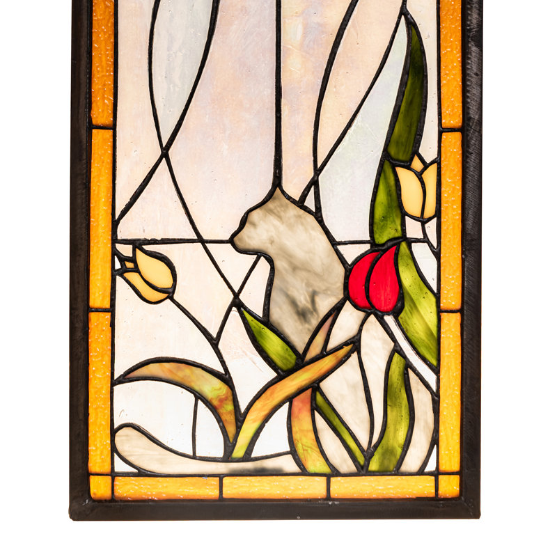 Tiffany Cat and Tulips Stained Glass Window