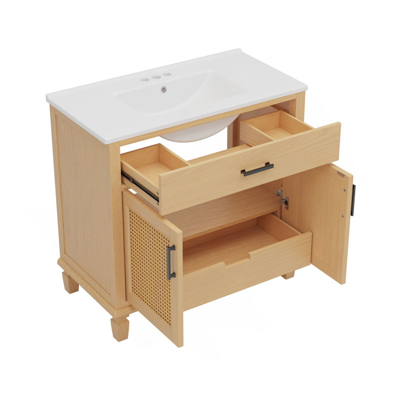 Meuble-lavabo en rotin 36 po avec lavabo en céramique, meuble-lavabo moderne avec portes et tiroirs à fermeture en douceur, meuble-lavabo autoportant avec pieds en bois et grand espace de rangement, naturel