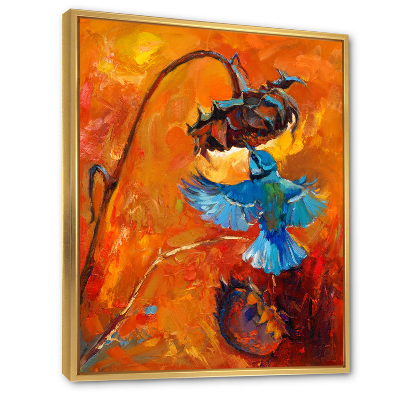 Colibri bleu sur fond orange - peinture sur toile, Cadre flottant doré, H 32 po x l 16 po x P 1 po