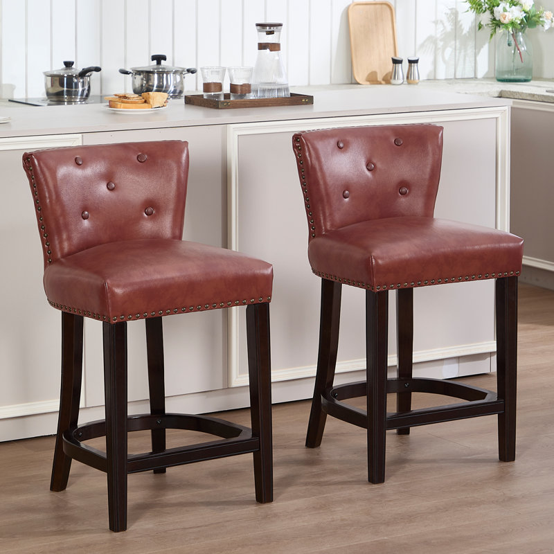 Set of 2 Bar Stools with Backrest, Genuine Leather Seat and Solid Wood Frame, Counter Height Chairs for Kitchen Island and Dining Room