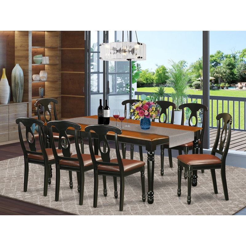 Ensemble de table de salle à manger 9 pièces comprenant une table de salle à manger rectangulaire avec feuille papillon et 8 chaises rembourrées en similicuir de 42 po x 78 po, noir et cerise