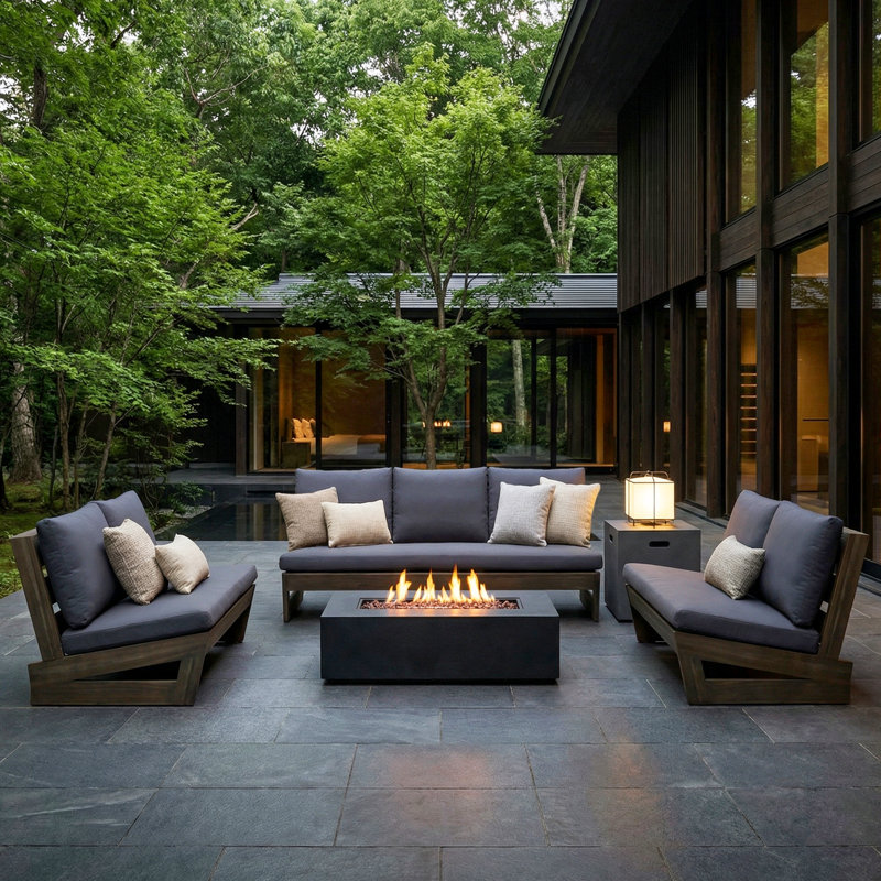 Shelton Modern Coastal Acacia Wood Outdoor Conversation Set With Loveseat, Three-Seater Sofa, And 50,000 BTU Propane MGO Fire Pit