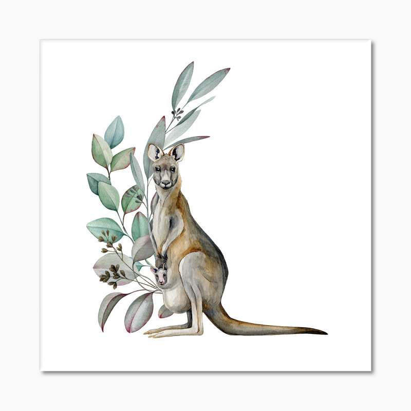Kangourou avec feuilles d'eucalyptus - Peinture sur toile, H 30 po x l 30 po x P 1 po, Toile tendue