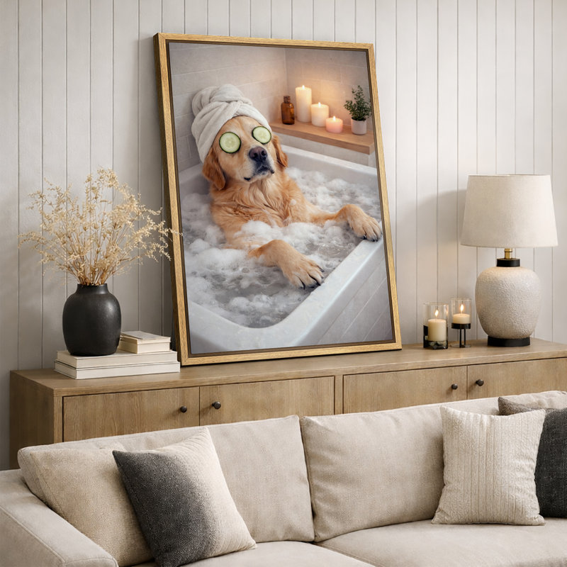 «Relaxing Golden Retriever Spa Bath», impression sur toile, impression sur toile encadrée, H 36 po x l 24 po x P 1,5 po