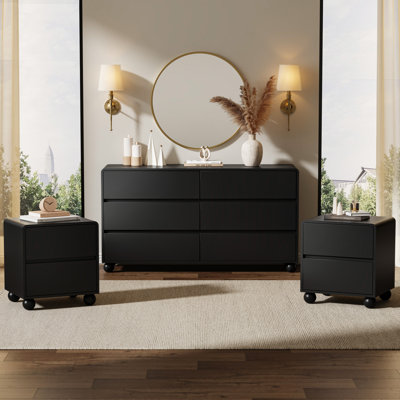 Ensemble de chambre à coucher 3 pièces, commode 6 tiroirs et ensemble de table de chevet 2 pièces