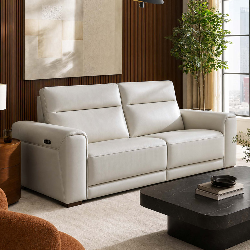  Ollie 85.83'' Wide Genuine Leather White Ivory  Power Wall Reclining Sofa With USB Ports