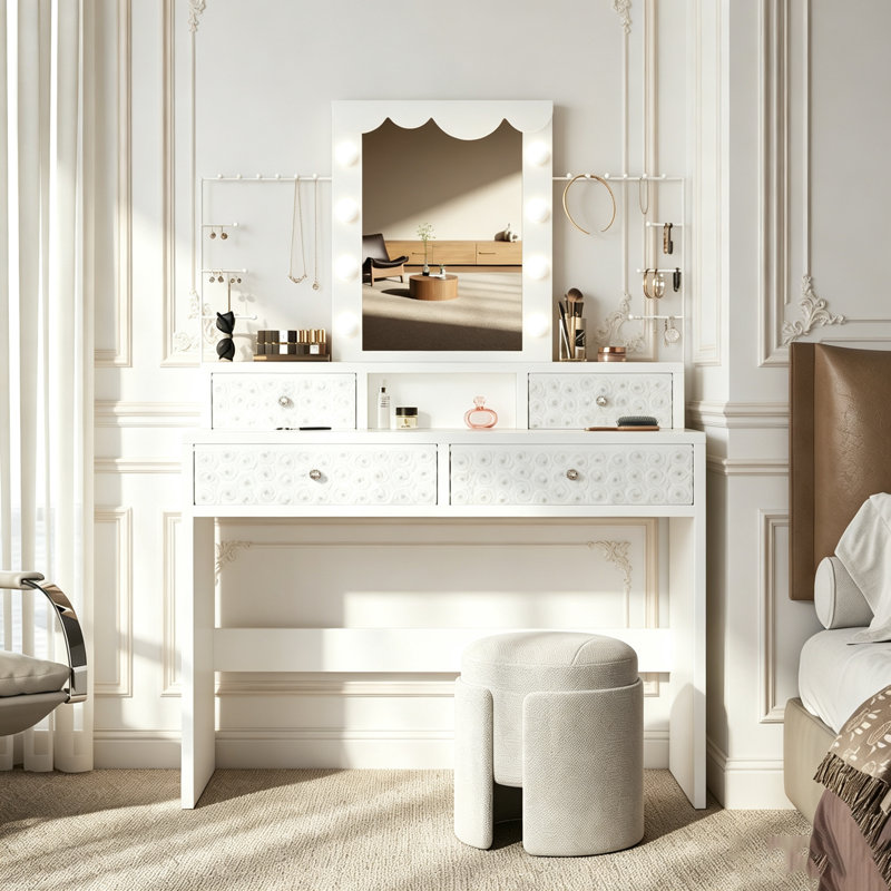 Dressing Table With Mirror, 4 Drawers Makeup Vanity With 3 Colors LED Light & Jewelry Storage Shelves, White-80cm