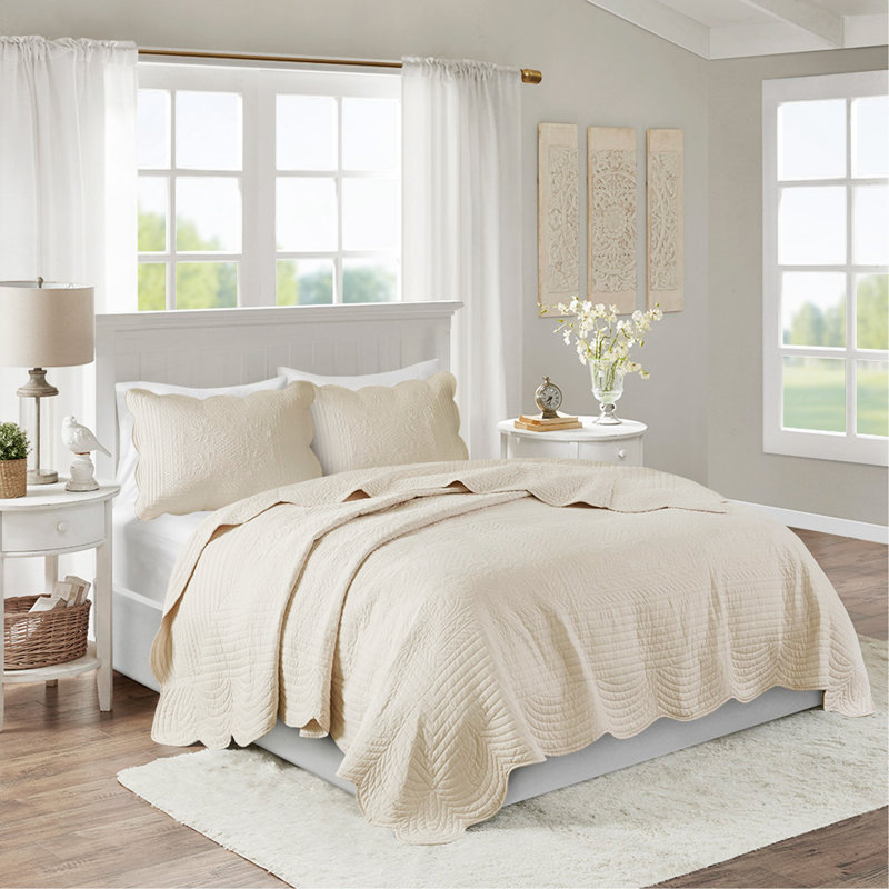 Ensemble de courtepointe réversible 3 pièces crème à bords festonnés, double / grand