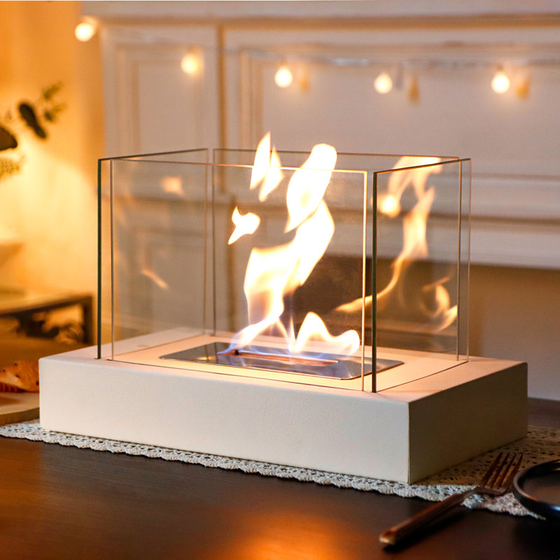 13.5" L Rectangular Tabletop Fire Bowl Pot Bio Ethanol Ventless Fireplace, White