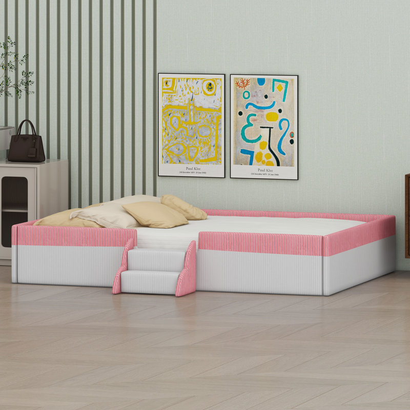 Lit rembourré avec clôture de sécurité, marches à deux niveaux et éclairage DEL intelligent, Pink+White