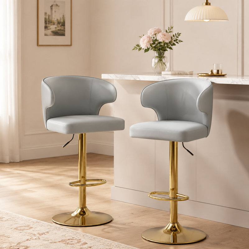 Chaise de bar pivotante en similicuir gris avec hauteur réglable et base chromée, ensemble de 2, pour comptoir de cuisine et salle à manger