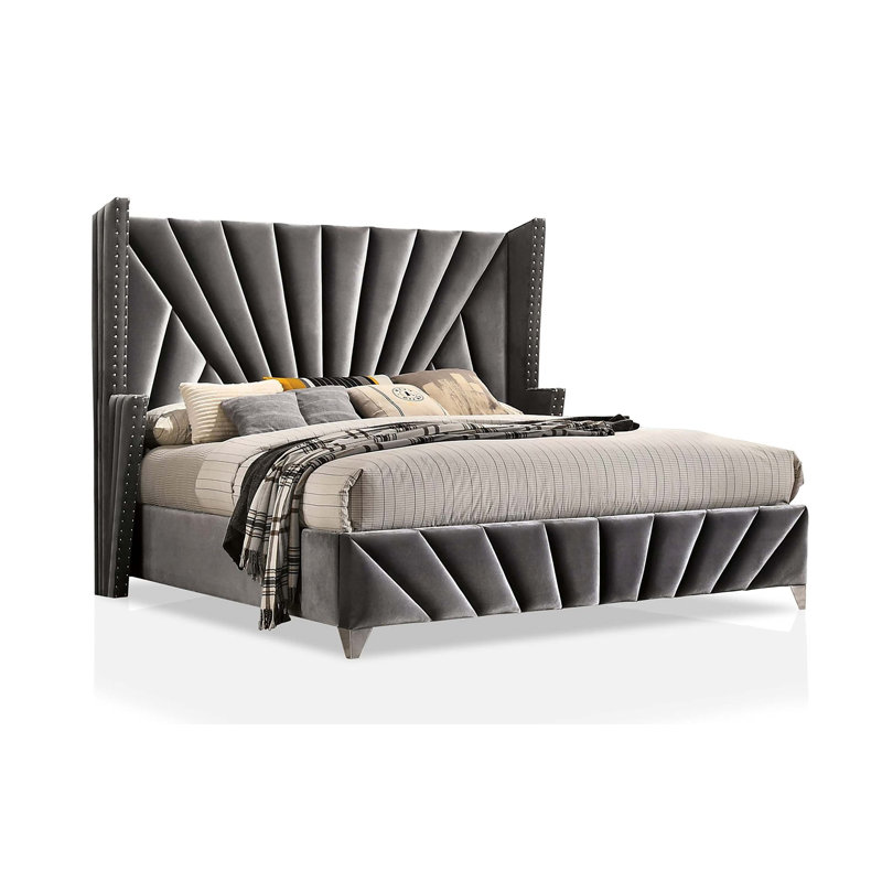 Chambre à coucher Tête de lit à oreilles 1pc Grand lit Mobilier de lit rembourré en tissu, Gris, Grand lit