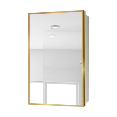 Golden Metal Framed Bathroom Medicine Cabinet With Mirror, 16X28 Inches, Wall Mount Or Recessed, White | Gift Idea