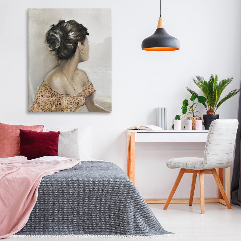 Portrait d'une femme à la recherche d'une toile, design par E. Anthony Orme, H 48 po x l 36 po