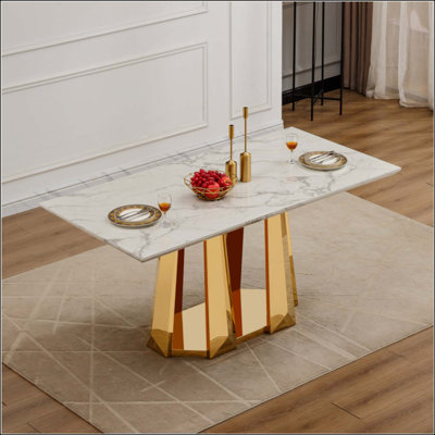 Table de salle à manger en marbre pour 6 personnes, table de salle à manger rectangulaire en faux marbre avec base en acier inoxydable à finition miroir, table de cuisine moderne en marbre de grande taille (table seulement)